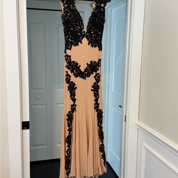 Jovani Tan and Cream Plunge Neck Prom Gown - Picture 2 of 10